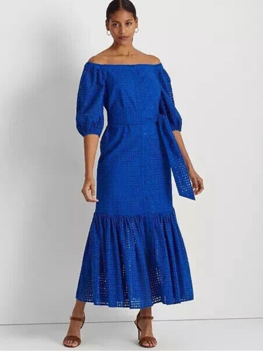 Lauren Ralph Lauren's off shoulder blue cotton dress eyelet embroidery size 6